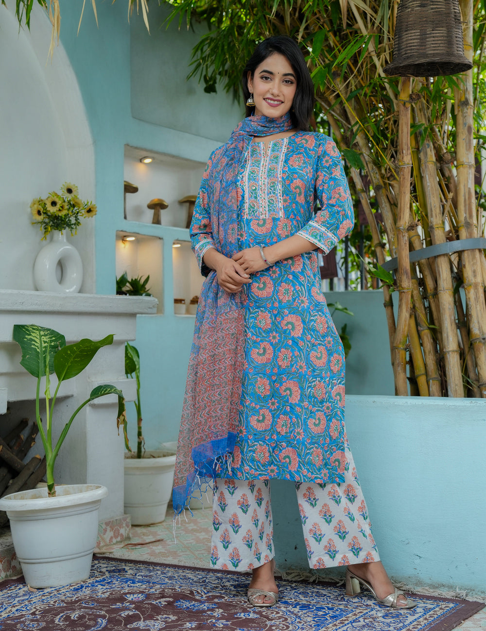 Hand Block Ivory Blush Straight cut Kurta Set with Kota Doria Dupatta  - HL05