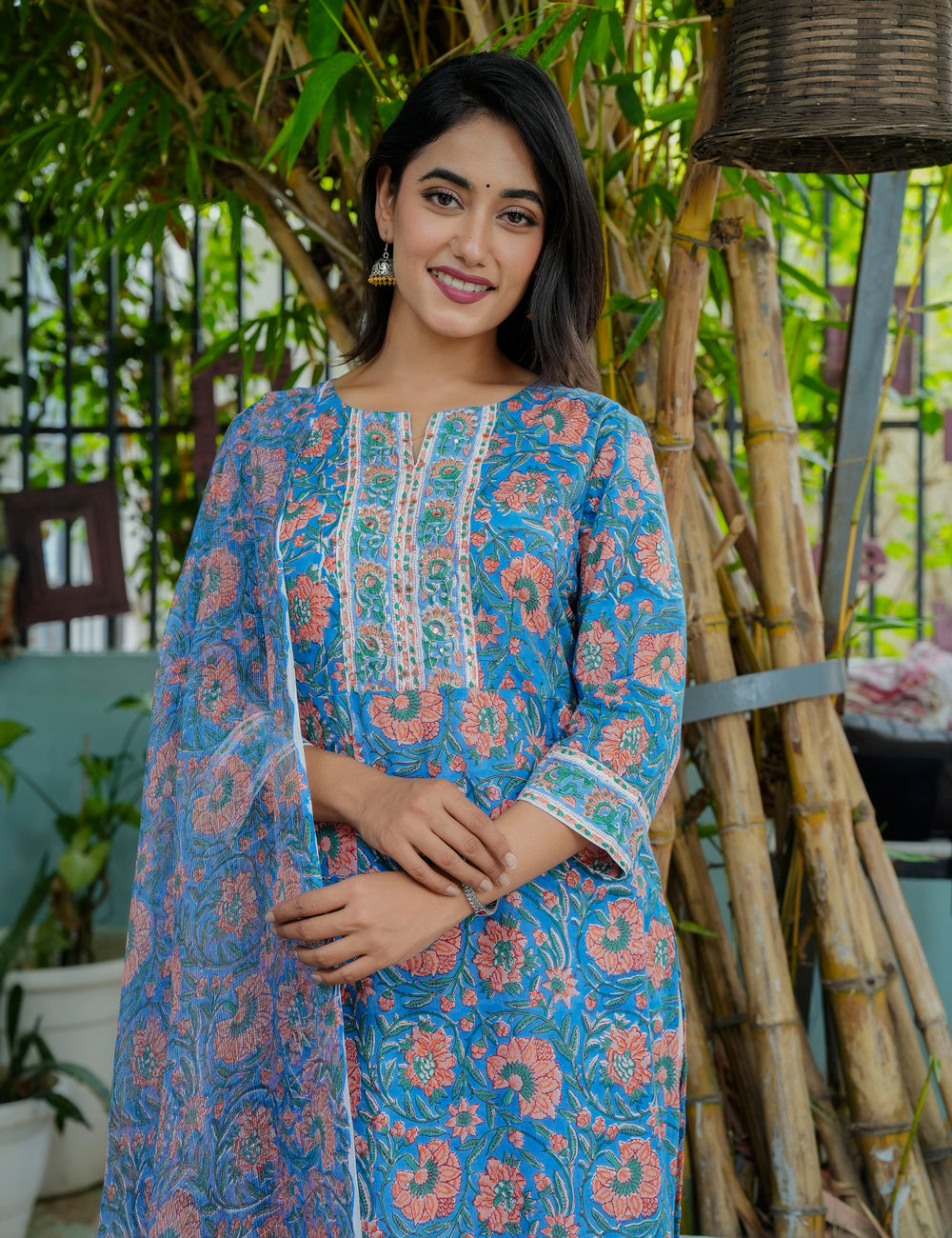 Hand Block Ivory Blush Straight cut Kurta Set with Kota Doria Dupatta  - HL05