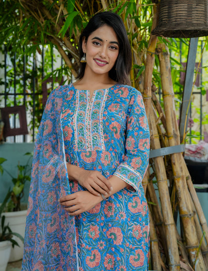 Hand Block Ivory Blush Straight cut Kurta Set with Kota Doria Dupatta  - HL05