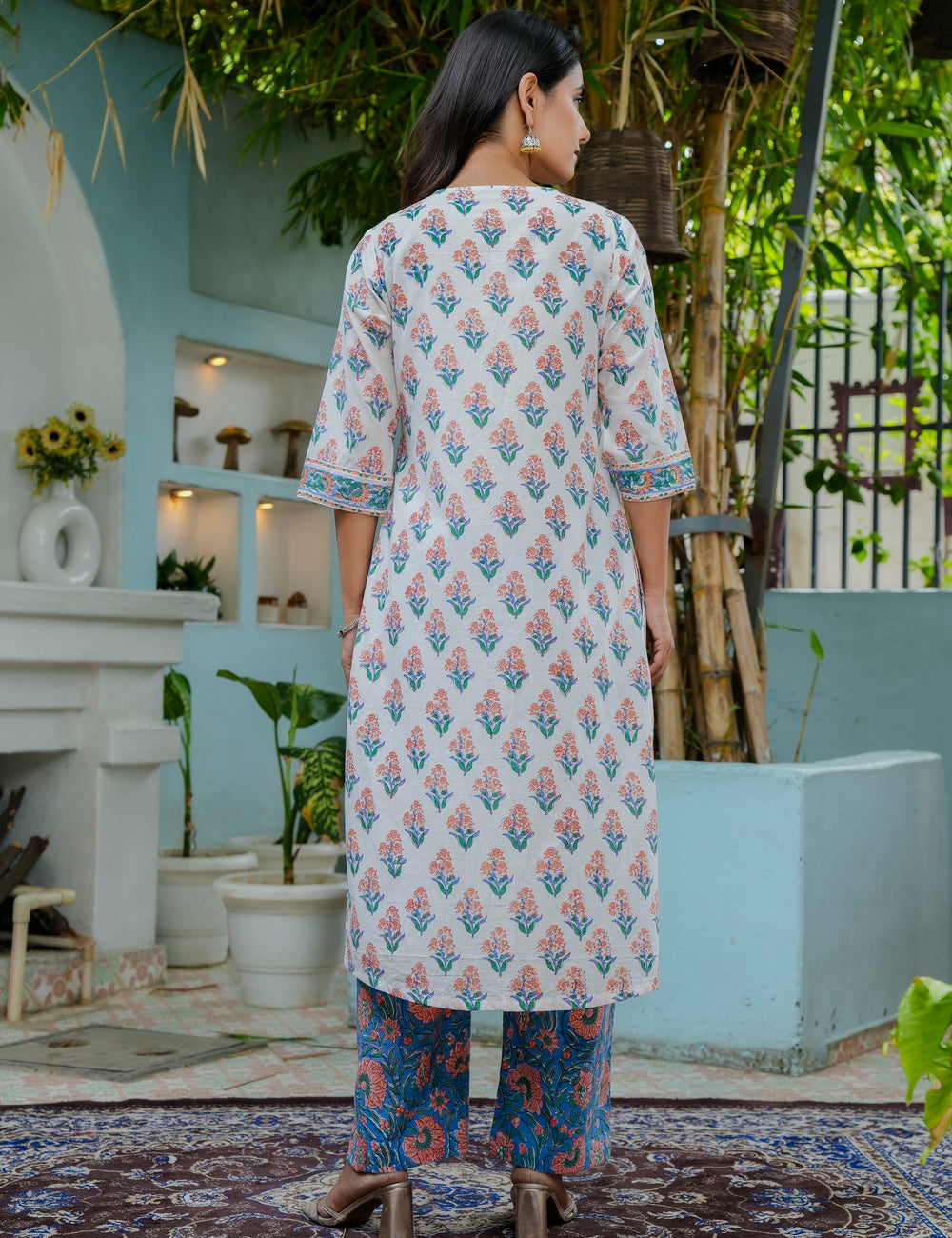 Hand Block Vibrant Color A-line Floral Print Cotton Kurta Set with Kota Doria Dupatta  - HL06