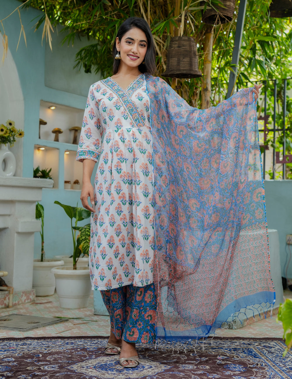 Hand Block Vibrant Color A-line Floral Print Cotton Kurta Set with Kota Doria Dupatta  - HL06