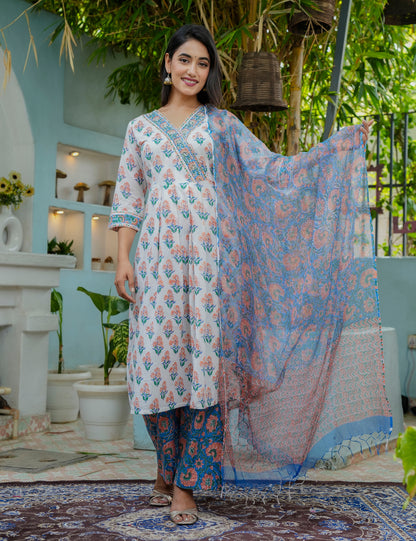 Hand Block Vibrant Color A-line Floral Print Cotton Kurta Set with Kota Doria Dupatta  - HL06