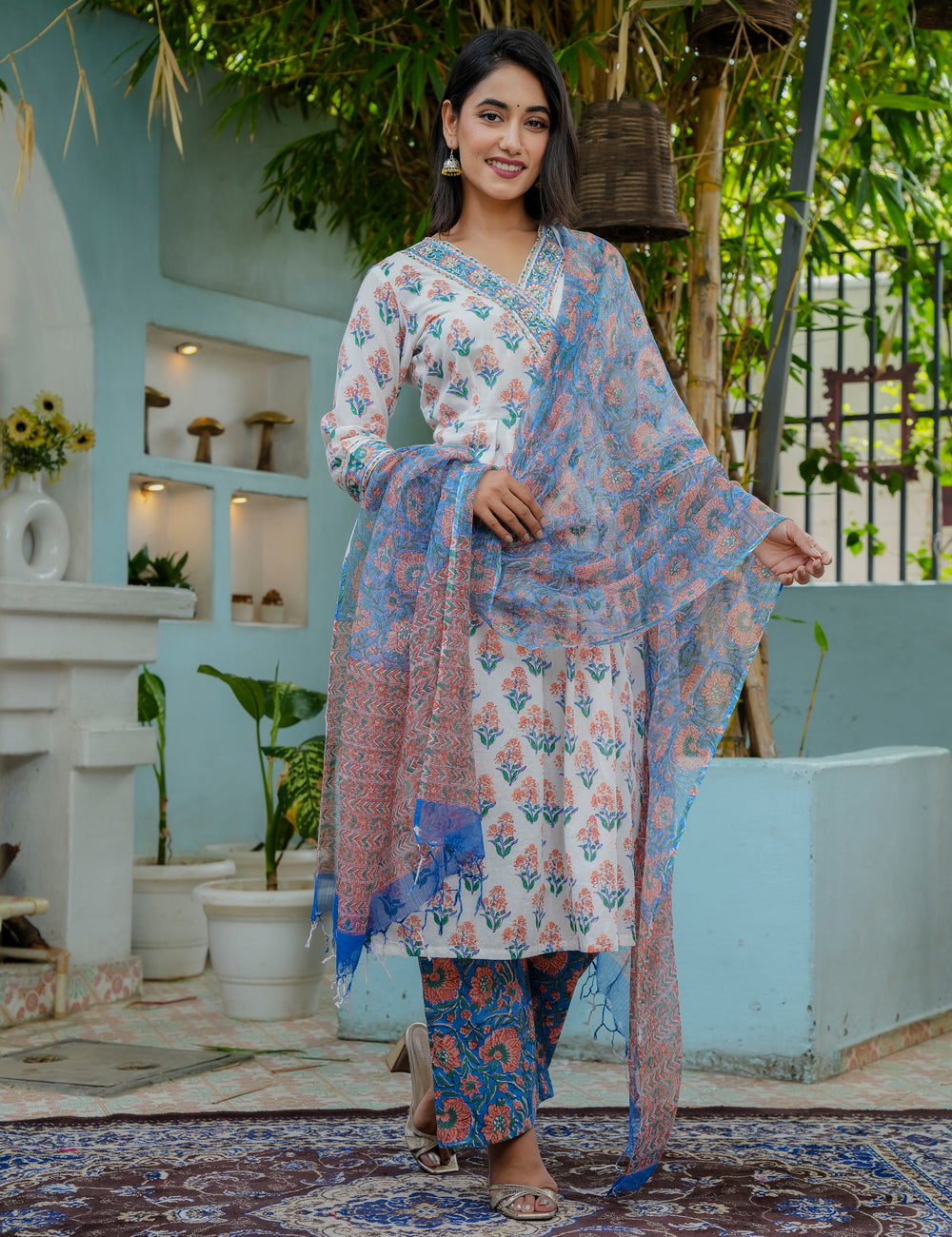 Hand Block Vibrant Color A-line Floral Print Cotton Kurta Set with Kota Doria Dupatta  - HL06