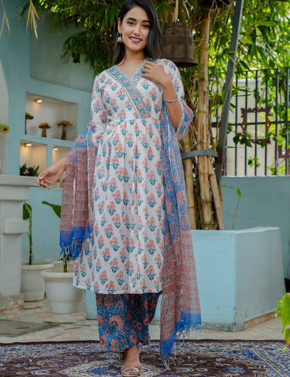Hand Block Vibrant Color A-line Floral Print Cotton Kurta Set with Kota Doria Dupatta  - HL06