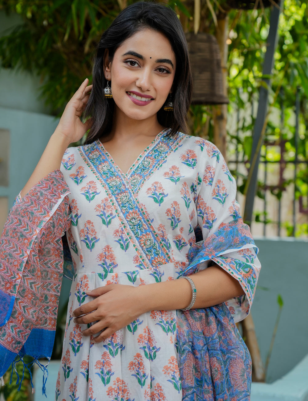 Hand Block Vibrant Color A-line Floral Print Cotton Kurta Set with Kota Doria Dupatta  - HL06