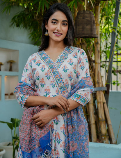 Hand Block Vibrant Color A-line Floral Print Cotton Kurta Set with Kota Doria Dupatta  - HL06