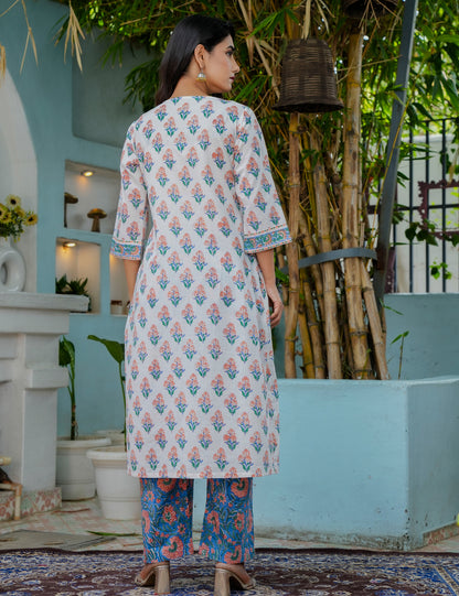 Summer Bloom Hand-Block A-Line Cotton Kurta Set with Kota Doria Dupatta - HL07