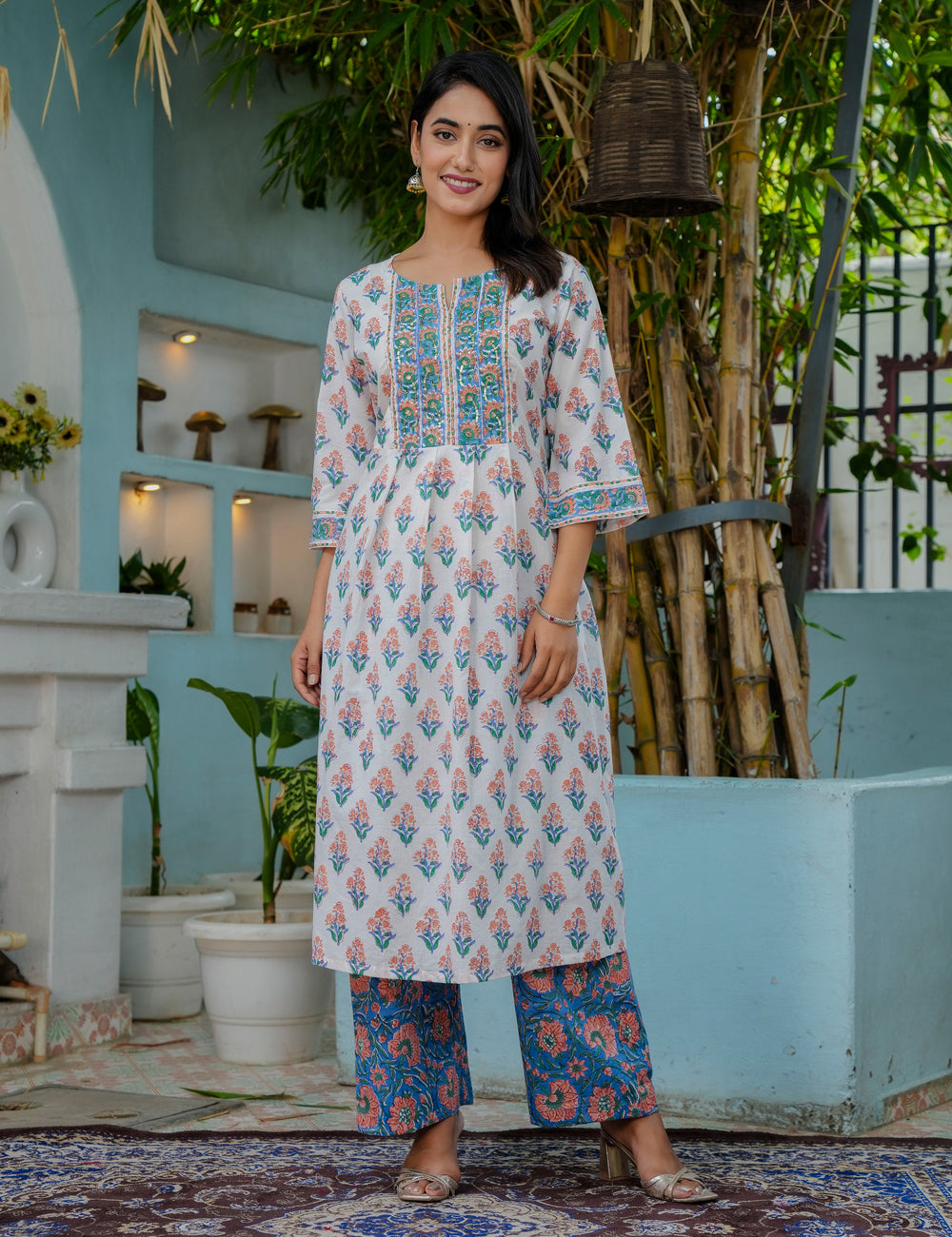 Summer Bloom Hand-Block A-Line Cotton Kurta Set with Kota Doria Dupatta - HL07