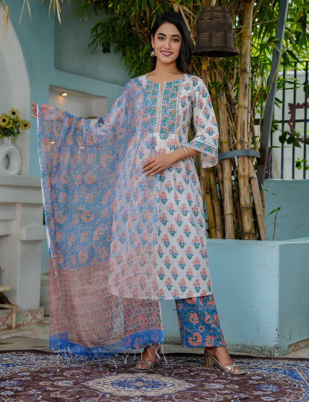 Summer Bloom Hand-Block A-Line Cotton Kurta Set with Kota Doria Dupatta - HL07