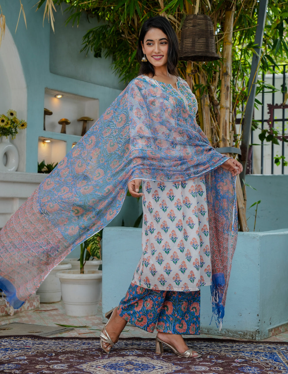 Summer Bloom Hand-Block A-Line Cotton Kurta Set with Kota Doria Dupatta - HL07