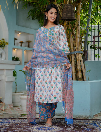 Summer Bloom Hand-Block A-Line Cotton Kurta Set with Kota Doria Dupatta - HL07
