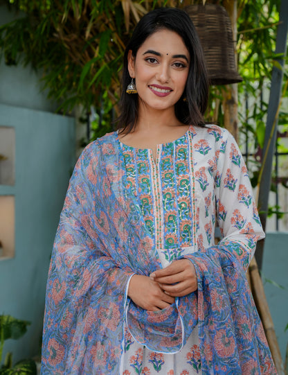 Summer Bloom Hand-Block A-Line Cotton Kurta Set with Kota Doria Dupatta - HL07