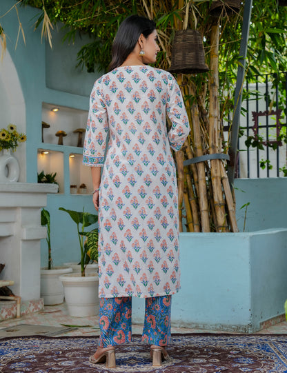Bahar Vibes Hand Block Cotton Kurta Set with Kota Doria Dupatta - HL08