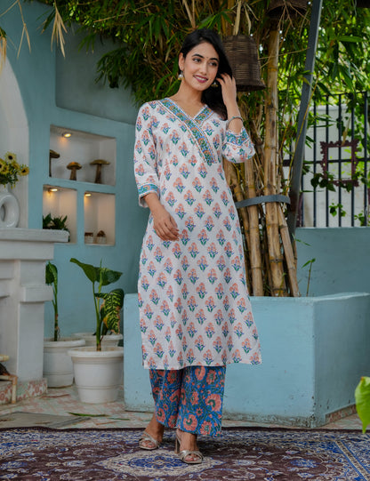 Bahar Vibes Hand Block Cotton Kurta Set with Kota Doria Dupatta - HL08