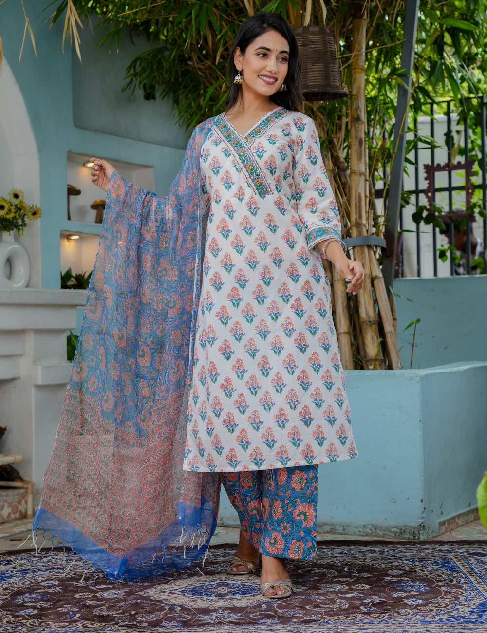 Bahar Vibes Hand Block Cotton Kurta Set with Kota Doria Dupatta - HL08