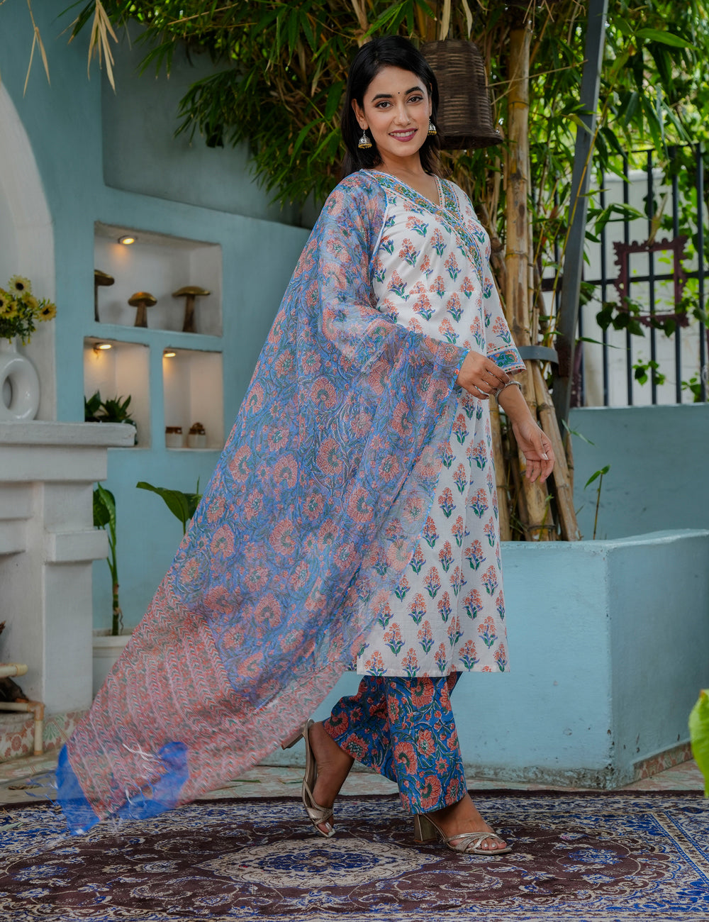 Bahar Vibes Hand Block Cotton Kurta Set with Kota Doria Dupatta - HL08