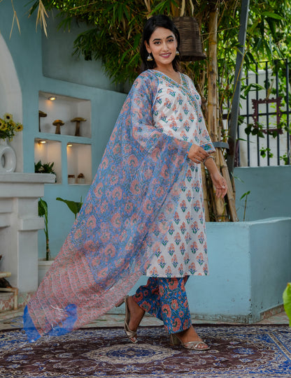 Bahar Vibes Hand Block Cotton Kurta Set with Kota Doria Dupatta - HL08