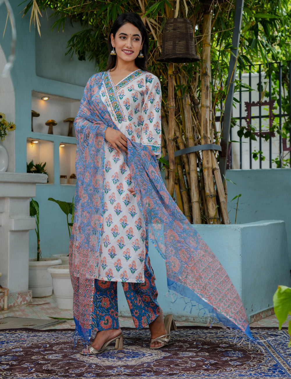 Bahar Vibes Hand Block Cotton Kurta Set with Kota Doria Dupatta - HL08
