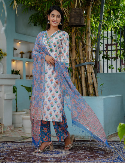 Bahar Vibes Hand Block Cotton Kurta Set with Kota Doria Dupatta - HL08