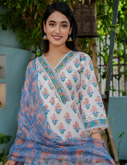 Bahar Vibes Hand Block Cotton Kurta Set with Kota Doria Dupatta - HL08