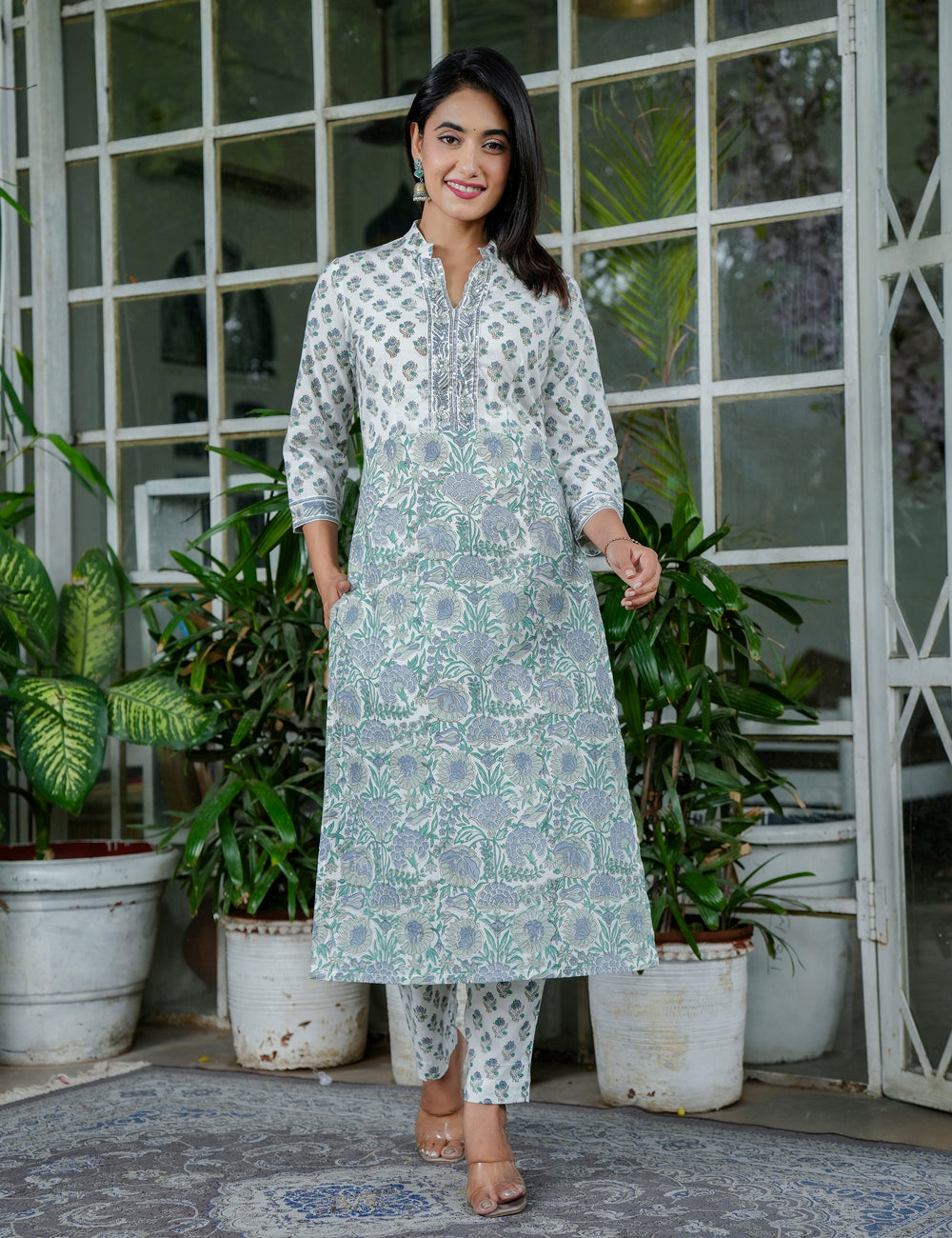 Sage Green Blossom Floral Handblock Straight Cut Kurta Set with Band Collar & Kota Doria Dupatta - HL100