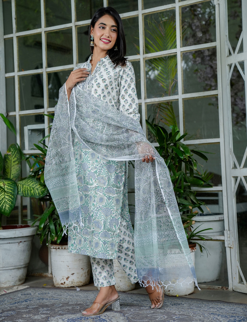 Sage Green Blossom Floral Handblock Straight Cut Kurta Set with Band Collar & Kota Doria Dupatta - HL100
