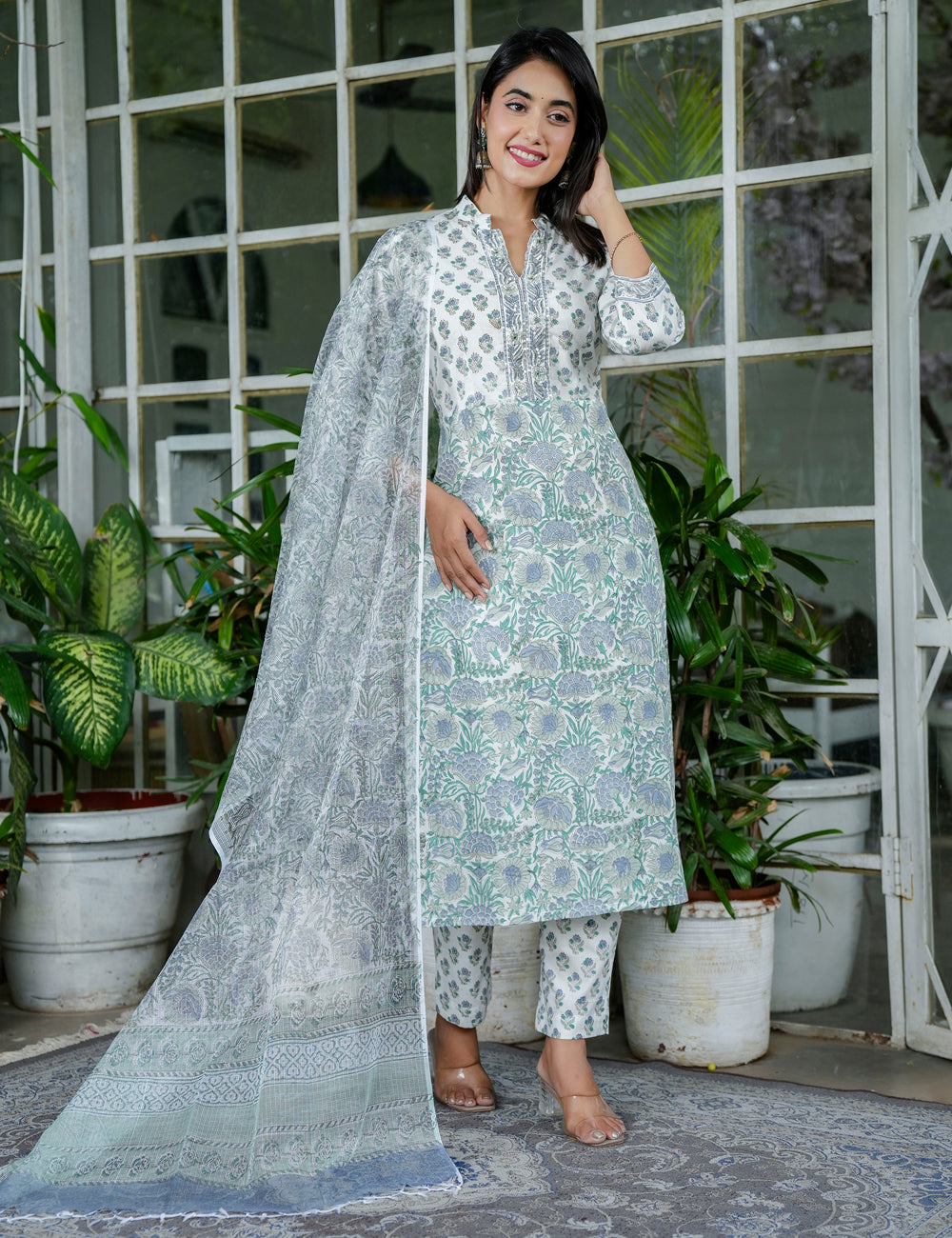 Sage Green Blossom Floral Handblock Straight Cut Kurta Set with Band Collar & Kota Doria Dupatta - HL100