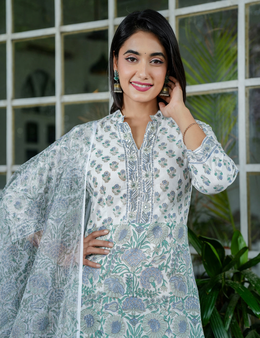 Sage Green Blossom Floral Handblock Straight Cut Kurta Set with Band Collar & Kota Doria Dupatta - HL100