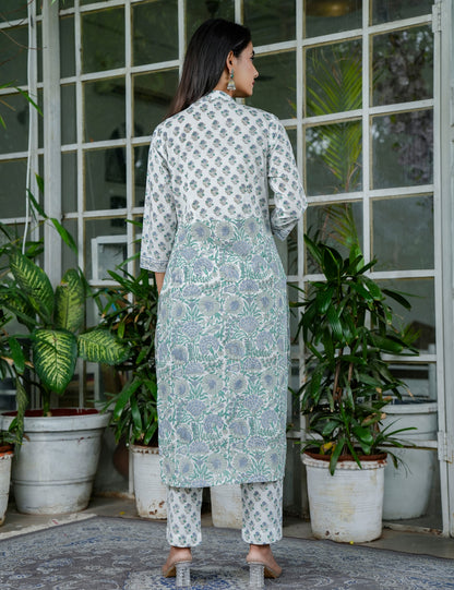 Sage Green Blossom Floral Handblock Straight Cut Kurta Set with Band Collar & Kota Doria Dupatta - HL100