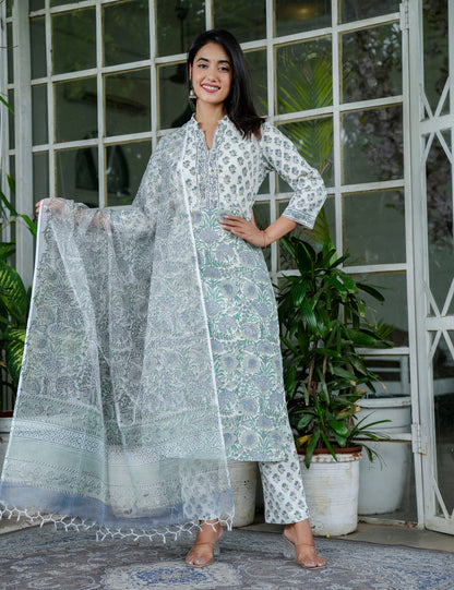 Sage Green Blossom Floral Handblock Straight Cut Kurta Set with Band Collar & Kota Doria Dupatta - HL100