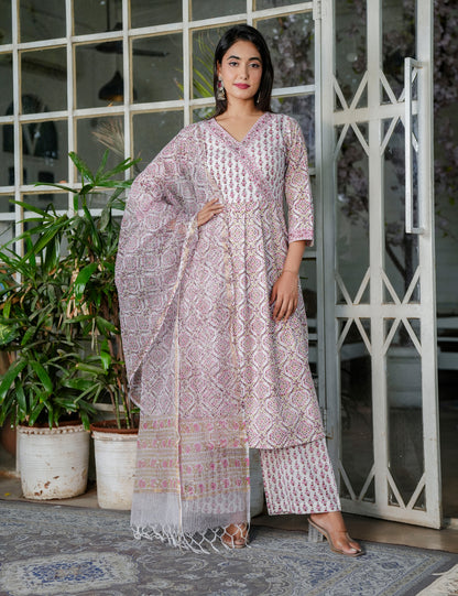 Blush Pink A-Line Floral Hand-Block Printed V-neck Anarkali Style Kurta Set with Kota Doria Dupatta - HL101