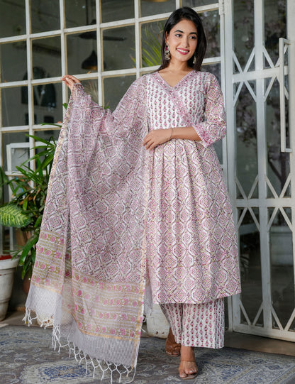 Blush Pink A-Line Floral Hand-Block Printed V-neck Anarkali Style Kurta Set with Kota Doria Dupatta - HL101
