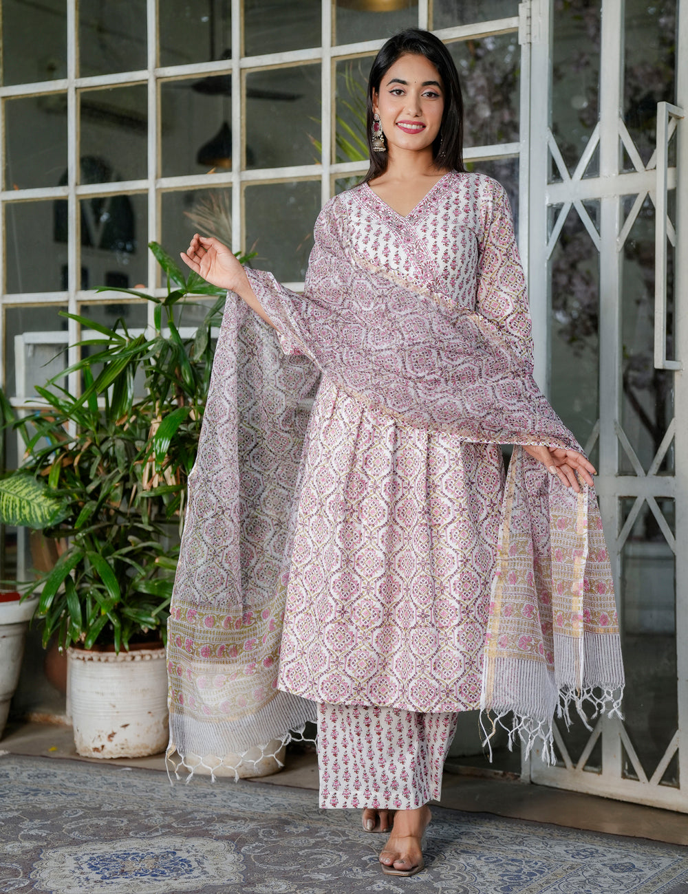 Blush Pink A-Line Floral Hand-Block Printed V-neck Anarkali Style Kurta Set with Kota Doria Dupatta - HL101