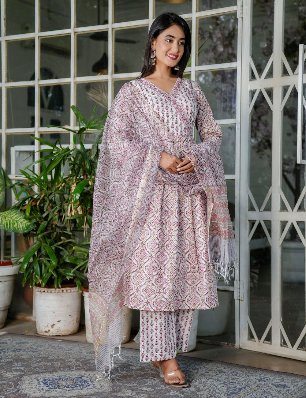 Blush Pink A-Line Floral Hand-Block Printed V-neck Anarkali Style Kurta Set with Kota Doria Dupatta - HL101