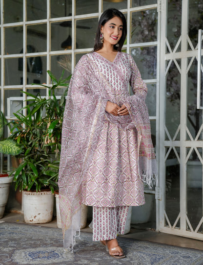 Blush Pink A-Line Floral Hand-Block Printed V-neck Anarkali Style Kurta Set with Kota Doria Dupatta - HL101