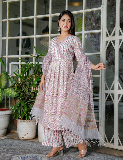 Blush Pink A-Line Floral Hand-Block Printed V-neck Anarkali Style Kurta Set with Kota Doria Dupatta - HL101