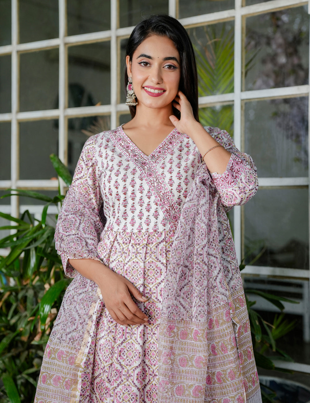 Blush Pink A-Line Floral Hand-Block Printed V-neck Anarkali Style Kurta Set with Kota Doria Dupatta - HL101