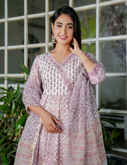Blush Pink A-Line Floral Hand-Block Printed V-neck Anarkali Style Kurta Set with Kota Doria Dupatta - HL101