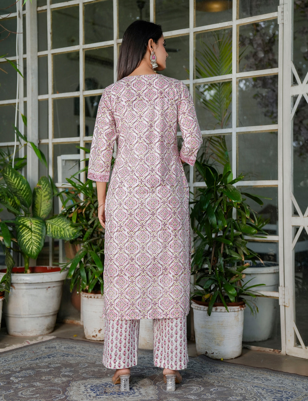 Blush Pink Floral Symmetrical Hand-Block Printed Straight Cut V-neck Kurta Set with Kota Doria Dupatta - HL102