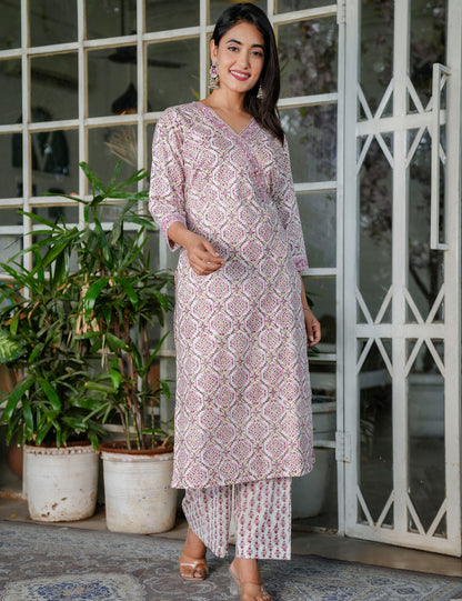 Blush Pink Floral Symmetrical Hand-Block Printed Straight Cut V-neck Kurta Set with Kota Doria Dupatta - HL102