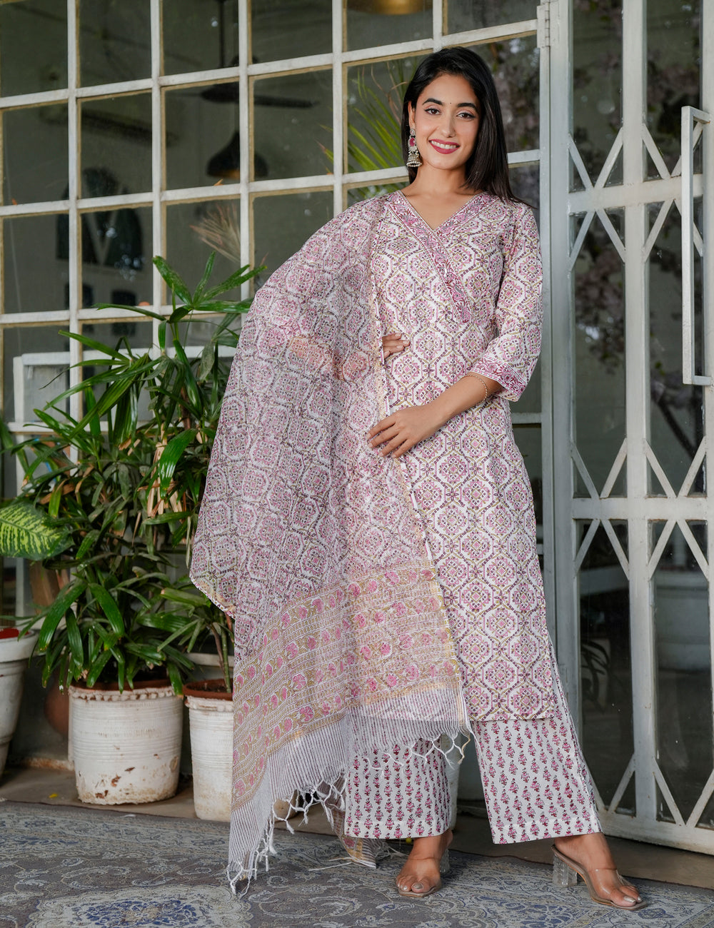 Blush Pink Floral Symmetrical Hand-Block Printed Straight Cut V-neck Kurta Set with Kota Doria Dupatta - HL102