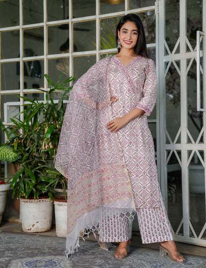 Blush Pink Floral Symmetrical Hand-Block Printed Straight Cut V-neck Kurta Set with Kota Doria Dupatta - HL102