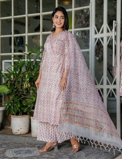 Blush Pink Floral Symmetrical Hand-Block Printed Straight Cut V-neck Kurta Set with Kota Doria Dupatta - HL102
