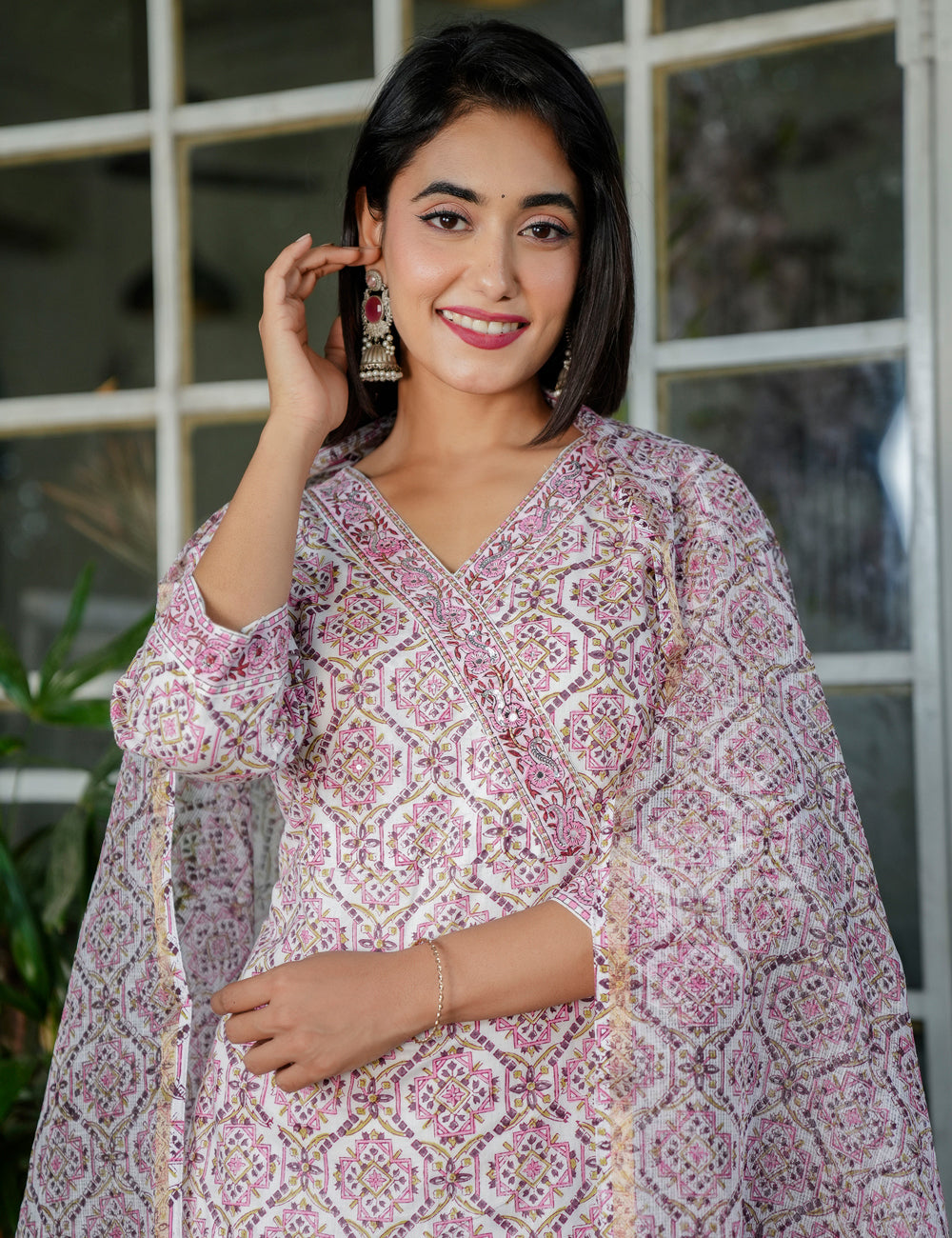 Blush Pink Floral Symmetrical Hand-Block Printed Straight Cut V-neck Kurta Set with Kota Doria Dupatta - HL102