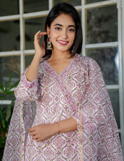 Blush Pink Floral Symmetrical Hand-Block Printed Straight Cut V-neck Kurta Set with Kota Doria Dupatta - HL102