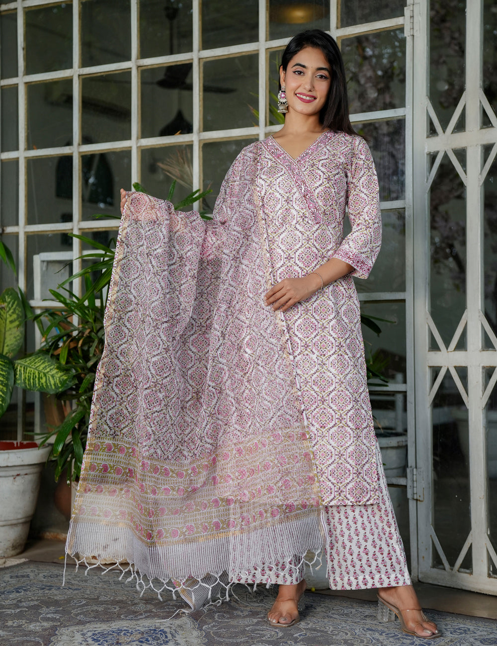 Blush Pink Floral Symmetrical Hand-Block Printed Straight Cut V-neck Kurta Set with Kota Doria Dupatta - HL102