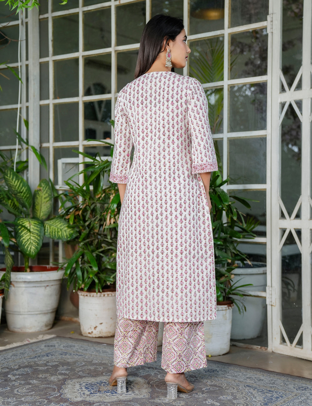 Hand Block Maroon Geo-Block Wrap Floral Buti V-Neck Kurta Set with Kota-Doria Dupatta - HL103