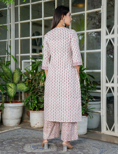 Hand Block Maroon Geo-Block Wrap Floral Buti V-Neck Kurta Set with Kota-Doria Dupatta - HL103