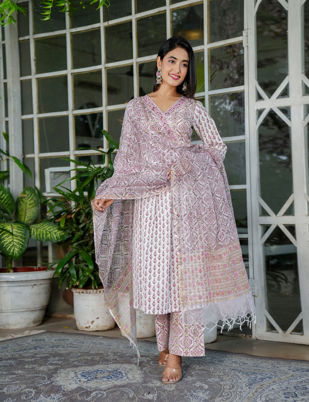 Hand Block Maroon Geo-Block Wrap Floral Buti V-Neck Kurta Set with Kota-Doria Dupatta - HL103