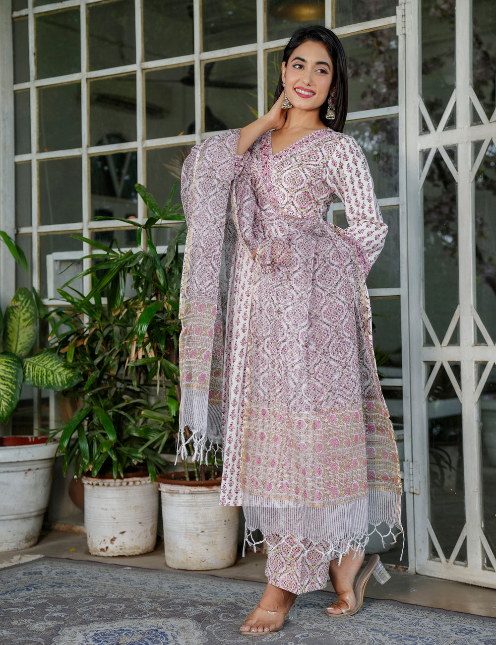 Hand Block Maroon Geo-Block Wrap Floral Buti V-Neck Kurta Set with Kota-Doria Dupatta - HL103